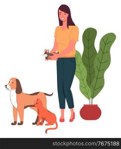 Young woman holding hamster in hands. Orange cat and dog standing near woman. Pretty girl love domestic animals, isolated at white, houseplant. Cartoon character with her pets isolated at white. Young woman holding hamster in hands, orange cat and dog standing near woman, love animals