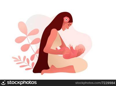 Young woman holding her baby girl Happy Mothers Day greeting card. Vector illustration in flat style.