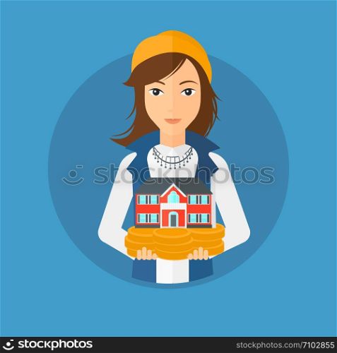 Young woman holding house model in hands on the background of sky. Real estate agent with house model in hands. Vector flat design illustration in the circle isolated on background.. Woman holding house model.