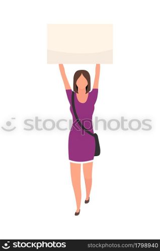 Young woman holding poster above head semi flat color vector character. Full body person on white. Rally participation isolated modern cartoon style illustration for graphic design and animation. Young woman holding poster above head semi flat color vector character