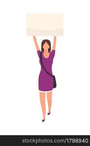 Young woman holding poster above head semi flat color vector character. Full body person on white. Rally participation isolated modern cartoon style illustration for graphic design and animation. Young woman holding poster above head semi flat color vector character