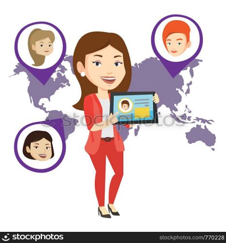 Young woman holding tablet with social network user profile. Woman standing on the background of world map with avatars of social network. Vector flat design illustration isolated on white background.. Woman holding tablet with social network.