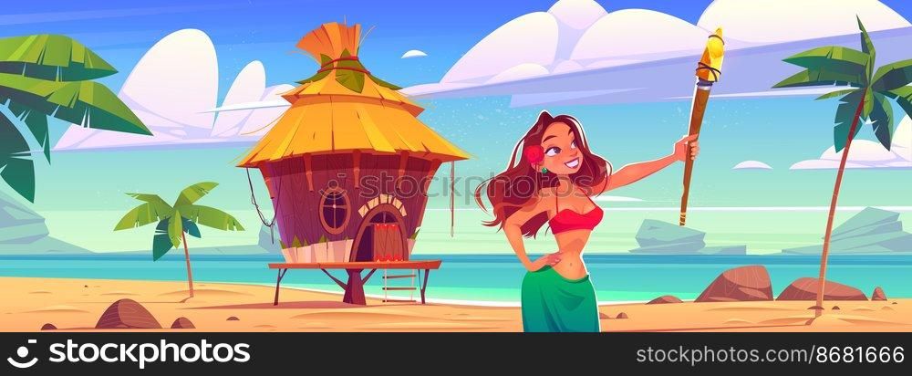 Young woman holding torch on beach with hut, party on tropical island resort. Girl with red flower in hair relaxing at ocean shore with summer shack and palm trees around, Cartoon vector illustration. Young woman holding torch on beach with hut, party