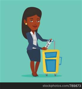 Young woman holding travel insurance tag. Business class passenger standing near suitcase with priority luggage tag. Business woman showing luggage tag. Vector flat design illustration. Square layout.. African-american businesswoman showing luggage tag