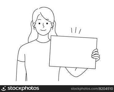 Young woman holding white mockup banner for advertising placement. Happy female with empty placard for ad. Recommendation concept. Vector illustration. . Young woman holding mockup placard