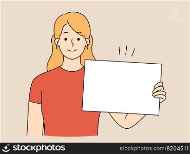 Young woman holding white mockup banner for advertising placement. Happy female with empty placard for ad. Recommendation concept. Vector illustration.. Young woman holding mockup placard