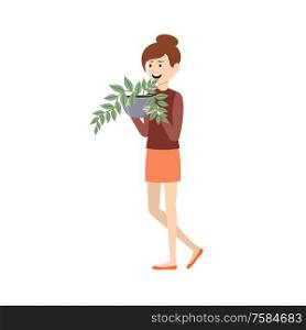 Young woman holds a domestic plant. Vector illustration