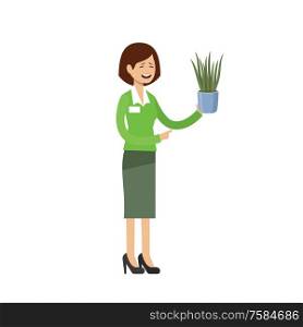Young woman holds a domestic plant. Vector illustration