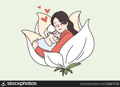 Young woman hug cuddle old mother show love and care. Happy millennial girl embrace comfort mature elderly grandmother. Geriatrics, good maturity concept. Flat vector illustration. . Young woman hug comfort mature grandmother