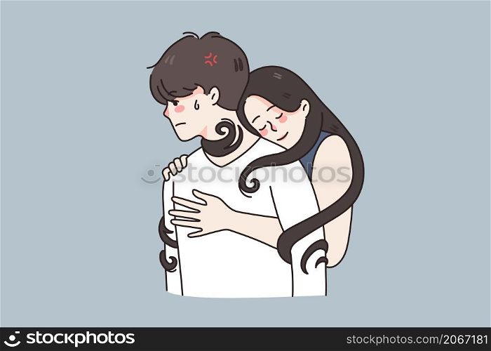 Young woman hug man tied to boyfriend in relationship. Girl embrace guy in codependent unhealthy couple relations. Psychology problem, codependency concept. Flat vector illustration. . Woman hug man in codependent relationship