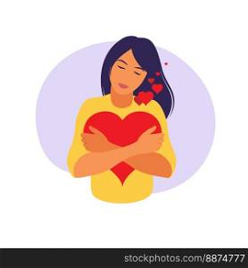 Young woman hugs a big heart with love and care. Self care and body positive concept. Feminism, fight for your rights, girl power concept. Flat.