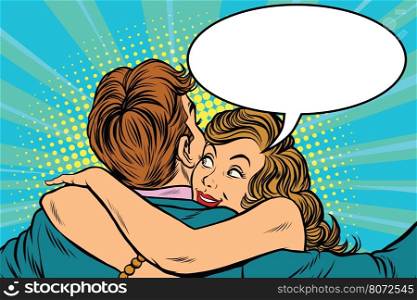 Young woman hugs the man and whispers to him, pop art retro vector illustration