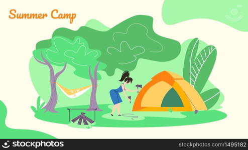 Young Woman Hummer Sticks to Ground to Set Up Tent for Spending Time at Summer Camp in Forest. Hammock, Campfire, Green Trees and Bushes Background, Horizontal Banner, Cartoon Flat Vector Illustration. Young Woman Hummer Sticks to Ground to Set Up Tent