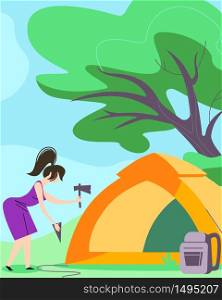 Young Woman Hummer Sticks to Ground to Set Up Tent for Spending Time at Summer Camp in Forest. Backpack, Green Trees and Bushes Background, Summertime Vacation, Hiking Cartoon Flat Vector Illustration. Woman Set Up Tent for Spending Time at Camp Hiking