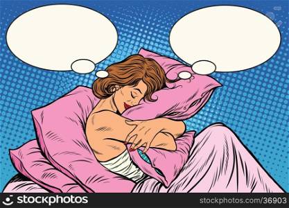 Young woman in bed hugging a pillow, pop art retro vector illustration