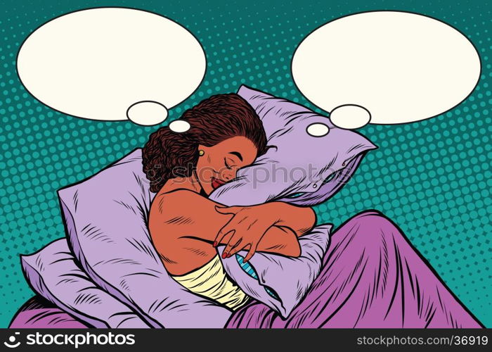 Young woman in bed hugging a pillow, pop art retro vector illustration. African American people