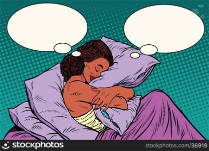 Young woman in bed hugging a pillow, pop art retro vector illustration. African American people