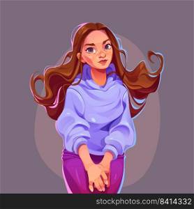 Young woman in casual clothes. Fashion model with long hair in blue sweatshirt. Vector cartoon illustration of pretty girl, beautiful lady portrait. Attractive female character posing. Young woman in casual clothes