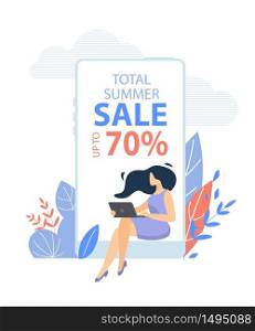 Young Woman in Casual Dress Sitting with Laptop in Hands at Huge Smartphone with Total Summer Sale Typography on Screen, Summertime Discount Offer, Store Advertising, Cartoon Flat Vector Illustration. Woman Sitting with Laptop at Huge Smartphone.