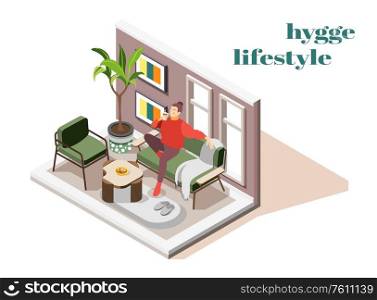 Young woman in cozy sweater enjoying hygge lifestyle sipping hot chocolate on sofa isometric composition vector illustration