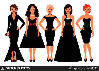 Young woman in different black dresses vector illustration. Black fashion female model portrait isolated on white background. Young women in black dresses