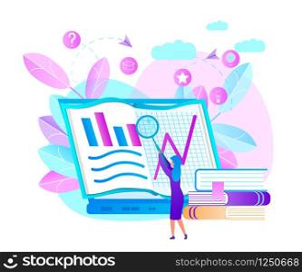 Young Woman in Dress Hold Magnifier and Learning Graphs at Huge Laptop Screen on Pink and Blue Background with Clouds, Books Heap and Educational Icons. Online Education. Flat Vector Illustration.. Woman Hold Magnifier Learn Graphs at Laptop Screen