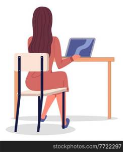 Young woman in dress sitting on chair at table with laptop. Girl with long hair, back view. Workflow, businesswoman or top manager. Office worker, clerk. Flat vector illustration isolated on white. Business woman sitting on a chair at the table and laptop. Project work, workflow. Flat image