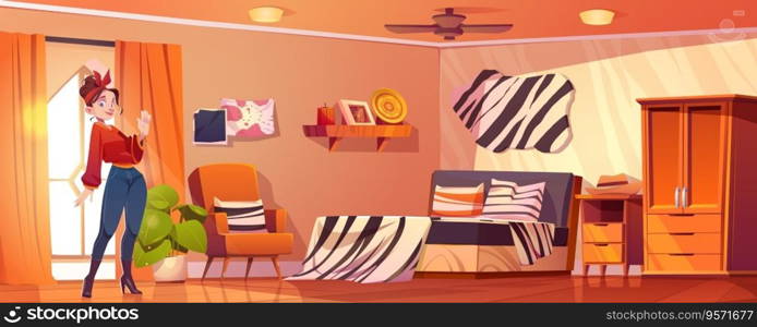 Young woman in exotic safari style bedroom. Vector cartoon illustration of female traveler standing in room decorated with striped zebra pattern textile, souvenirs on shelf, wooden wardrobe and drawer. Young woman in exotic safari style bedroom