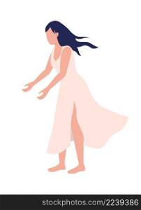 Young woman in fluttering dress semi flat color vector character. Standing figure. Full body person on white. Relax in summer simple cartoon style illustration for web graphic design and animation. Young woman in fluttering dress semi flat color vector character