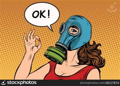 Young woman in gas mask okay gesture pop art retro vector. War gas attack. Young woman in gas mask okay gesture