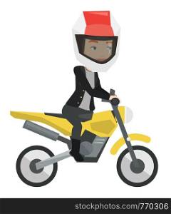 Young woman in helmet riding a motorcycle. Woman driving a motorcycle. Woman riding a motorcycle. Vector flat design illustration isolated on white background.. Woman riding motorcycle at night.