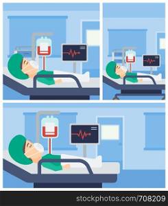Young woman in oxygen mask lying in hospital ward with heart rate monitor and equipment for blood transfusion. Vector flat design Illustration. Square, horizontal, vertical layouts.. Woman lying in hospital bed.