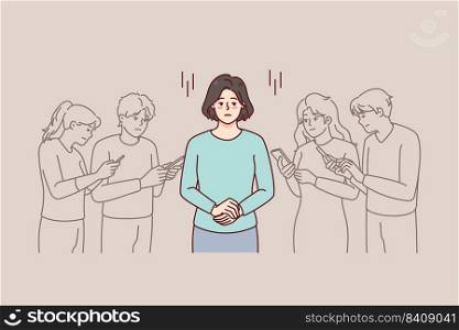Young woman in people crowd using cellphone feeling lonely and isolated. Unhappy frustrated female separated from group with smartphones. Gadget addiction. Vector illustration. . Woman in crowd using smartphones 