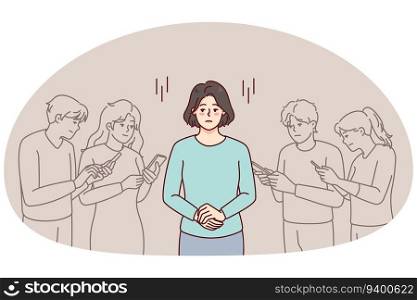Young woman in people crowd using cellphone feeling lonely and isolated. Unhappy frustrated female separated from group with smartphones. Gadget addiction. Vector illustration.. Woman in crowd using smartphones