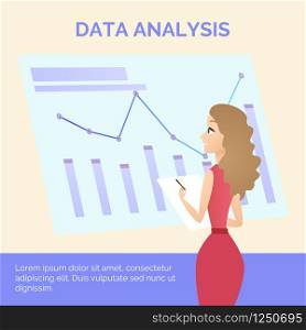 Young Woman in Red Dress Learning Business Graph and Write on Paper in Front of Big Screen. Data Analysis Inscription. Flat Vector Illustration, Banner, Office Lifestyle, Chart Finance Visualisation. Office Worker Girl in Dress Learning Data Analysis