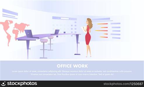 Young Woman in Red Dress with Notepad in Hand Watching at Huge Semicircular Screen with World Map Standing Near Desk with Computer. Horizontal Office Work Banner, Copy Space. Flat Vector Illustration. Young Woman Watching at Huge Information Screen