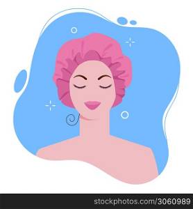 Young woman in shower cap in bath for protect wet hair. Vector cartoon flat illustration isolated on white background.. Young woman in shower cap in bath for protect wet hair. Vector cartoon flat illustration