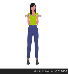 Young woman in sports uniform performs gymnastic exercises with dumbbells. Everyday affairs. Healthy lifestyle. Vector illustration in a flat style.