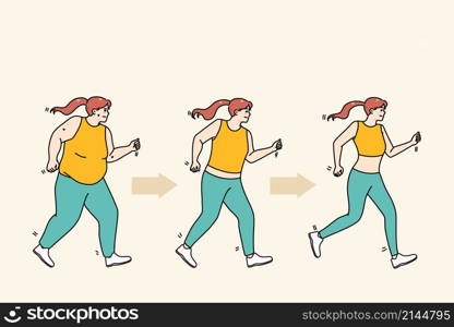 Young woman in sportswear jogging lose weight. Overweight fat female do sports exercise train for good body shape. Diet and wellness concept. Flat vector illustration. . Woman in sportswear jogging losing weight