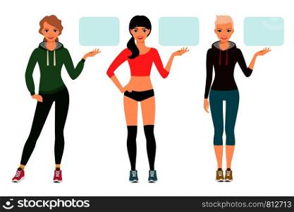 Young woman in sportswear presentation vector illustration. Female fitness model shows sports product isolated on white background. Young woman in sportswear presentation