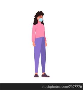 Young woman in surgical mask semi flat RGB color vector illustration. Caucasian lady in casual clothing isolated cartoon character on white background. Covid19 virus personal protection
