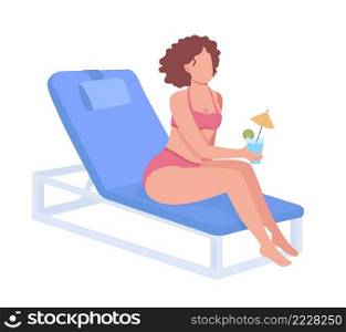 Young woman in swimsuit with cocktail semi flat color vector character. Sitting figure. Full body person on white. Summer retreat simple cartoon style illustration for web graphic design and animation. Young woman in swimsuit with cocktail semi flat color vector character