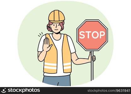 Young woman in uniform holding stop road sign in hands. Female worker in helmet stand on road show stop hand gesture. Vector illustration.. Woman in uniform show stop sign
