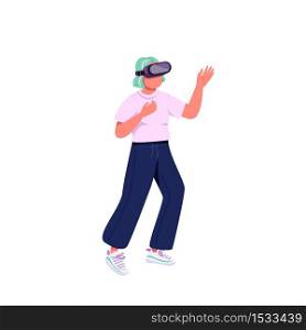 Young woman in VR headset flat color vector faceless character. Generation Z technology. Caucasian female teenager in virtual reality isolated cartoon illustration for web graphic design and animation. Young woman in VR headset flat color vector faceless character