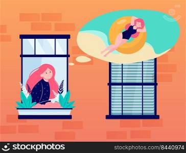 Young woman in window dreaming about sea. Travel, beach, weekend flat vector illustration. Vacation and summer concept for banner, website design or landing web page