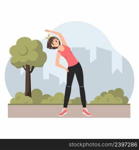 Young woman is doing exercises in fresh air. Girl is engaged in sports. Spring city with skyscrapers. Morning walk in summer park.