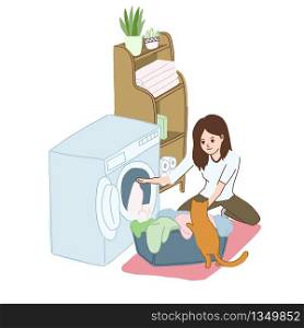 Young woman is laundering at home, housework. Daily routine, hand drawn vector illustration cute cartoon style.