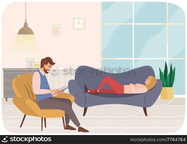 Young woman is lying on couch in psychologist s office, male psychiatrist sits opposite and takes notes, helps to solve personal problems and overcome fears. At the reception of a psychotherapist. Young woman is lying on couch in psychologist s office, male psychiatrist sits opposite, takes notes