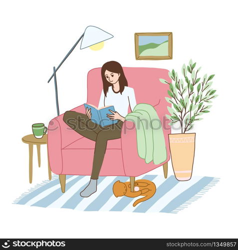 Young woman is relaxing in the armchair with the book. Her cat is playing with a ball under it. Daily routine, hand drawn vector illustration cute cartoon style.