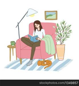 Young woman is relaxing in the armchair with the book. Her cat is playing with a ball under it. Daily routine, hand drawn vector illustration cute cartoon style.